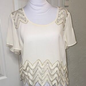 bebe Ivory Scoop Neck Beaded Chevron Blouse